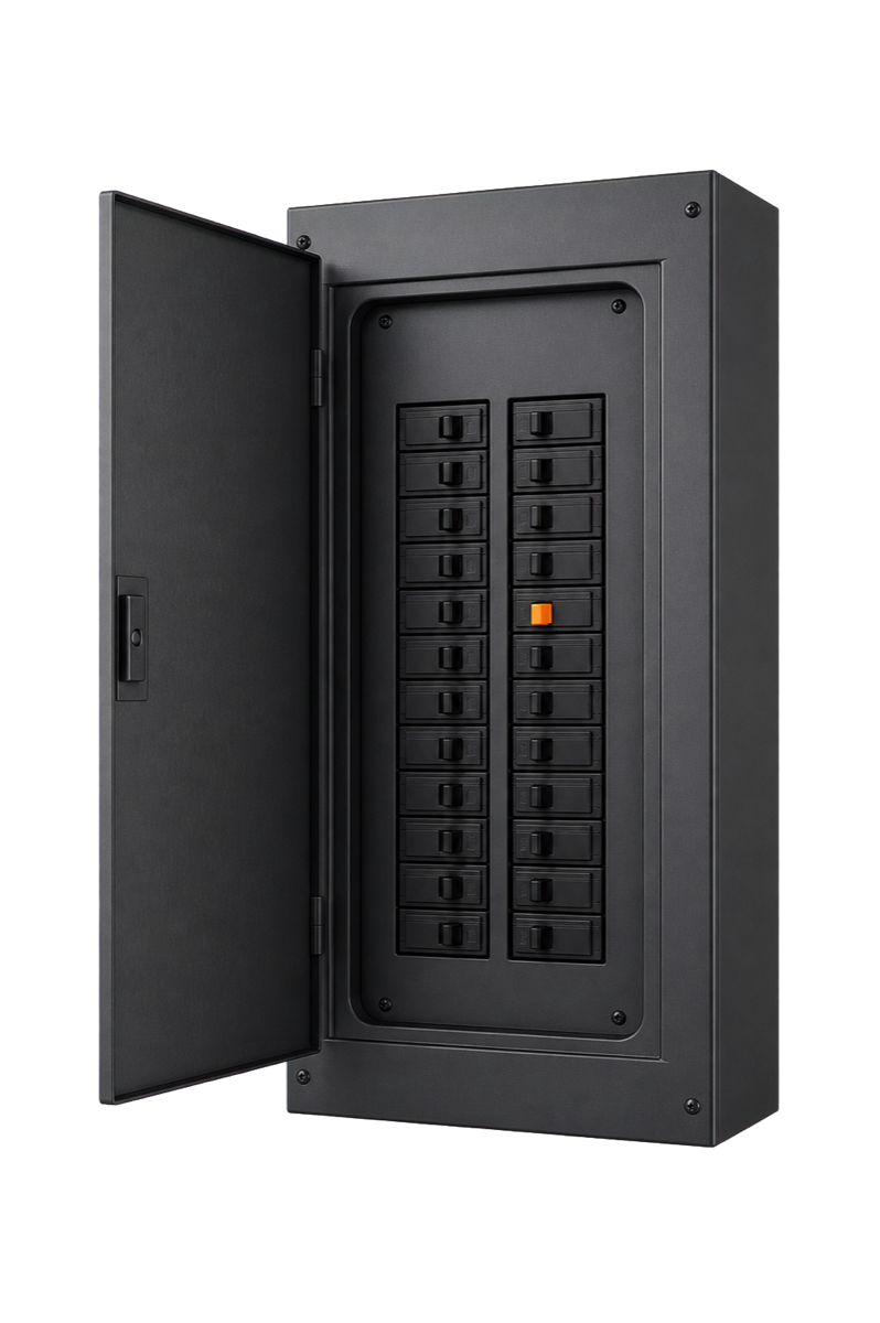 A modern 200A load center with the door open and every breaker in place